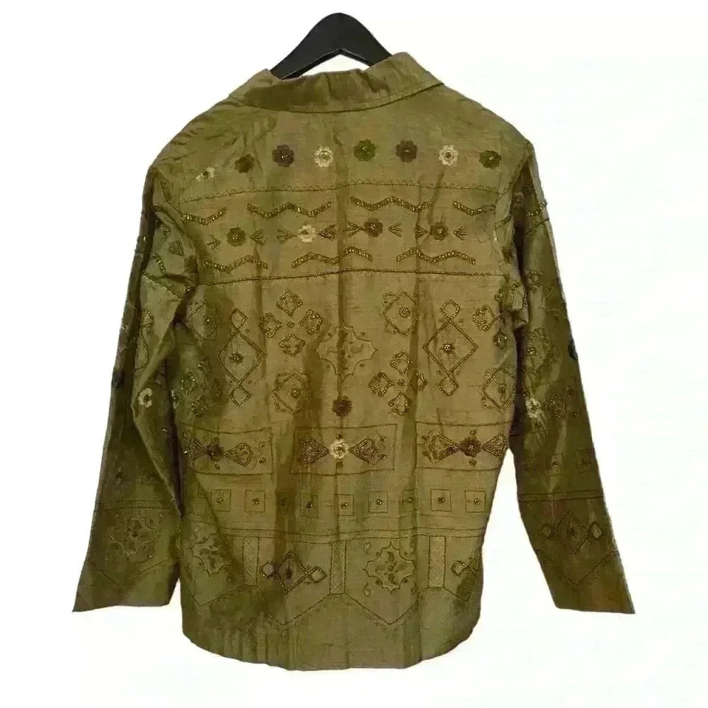 Vintage Laura Ashley Silk Beaded Jacket Size S Olive Green Boho Casual - Picture 8 of 8
